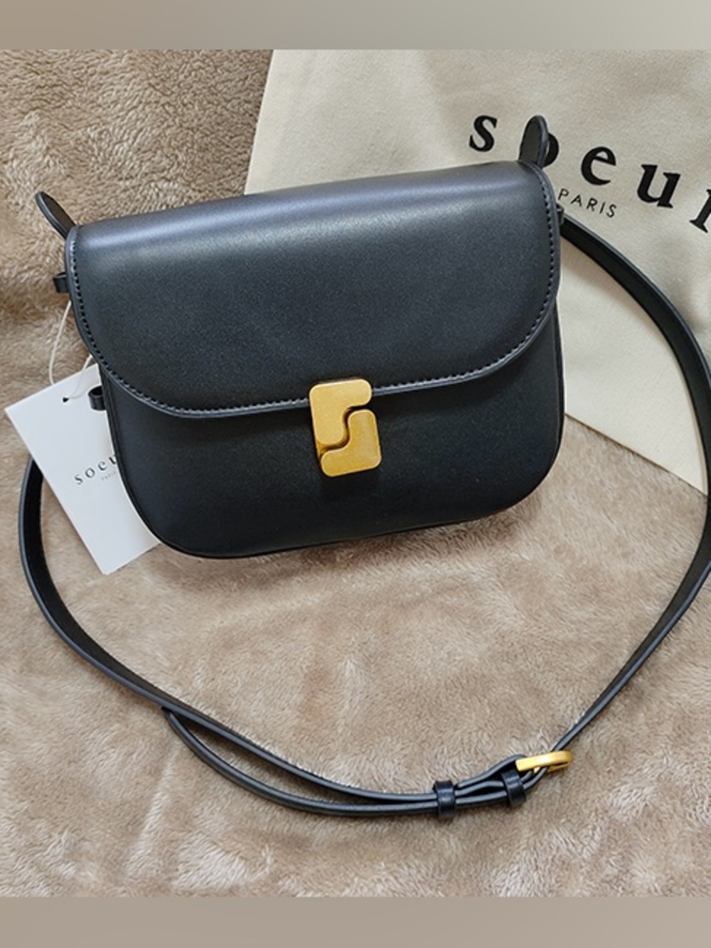 soeur Black Leather Crossbody with Sculpted Gold Clasp